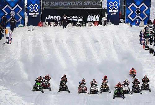 ASPEN, CO - JANUARY 27: Racers leave the start in the Snowmobile Snocross at Winter X Games Aspen 2013 at Buttermilk Mountain on January 27, 2013 in Aspen, Colorado. (Photo by Doug Pensinger/Getty Images)